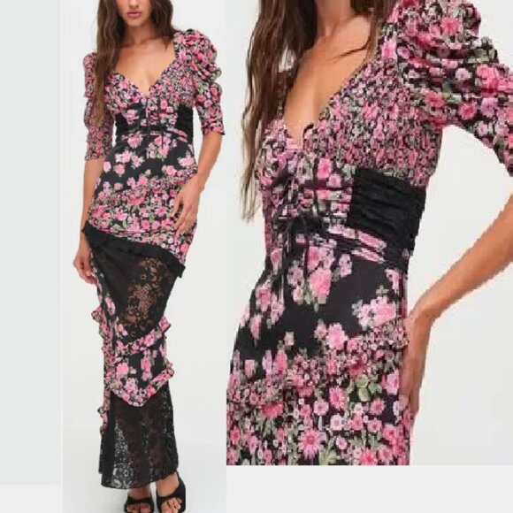 NWT FOR LOVE AND LEMONS EMALYN FLORAL PRINT AND LACE MAXI DRESS SIZE L - Picture 1 of 10